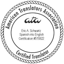 Certificación de la ATA para traducciones del español al inglés, para Eric Schwartz